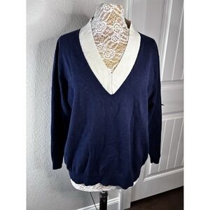 Lauren Ralph Lauren Women's Navy White Pullover Sweater V Neck Preppy Luxury XL
